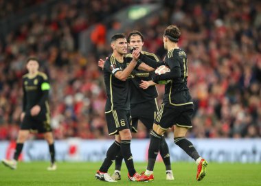 Sparta Praha Atletizm Kulübü 'nden Veljko Birmanevi, UEFA Avrupa Ligi maçı Liverpool' un Anfield, Liverpool, İngiltere 'de 14 Mart 2024' te Sparta Prag 'a karşı oynadığı maçta 4-1 kazanma hedefini kutluyor.