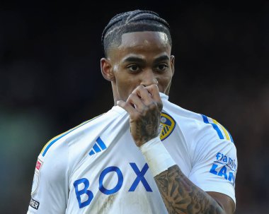 Leeds United takımından Crysencio Summerville, 17 Mart 2024 'te Leeds Road, İngiltere' de oynanan Sky Bet Şampiyonası maçında rozetini gömleğiyle öpüyor.