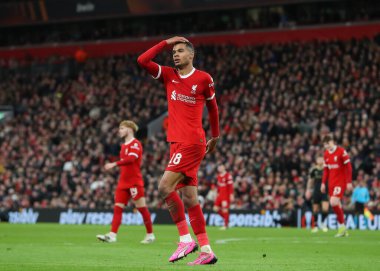 Liverpool 'dan Cody Gakpo, Anfield, Liverpool, İngiltere' de oynanan UEFA Avrupa Ligi karşılaşmasında golü kaçırmasına tepki gösterdi.