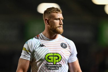 Wigan Warriors takımından Luke Thompson, Betfred Süper Lig 5. Raundda Salford Red Devils Wigan Warriors 'a karşı Salford Community Stadyumu, Eccles, İngiltere' de 14 Mart 202 'de oynanan karşılaşma öncesi ısınma maçında