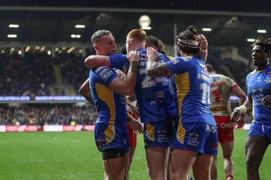 Leeds Rhinos takımından Luis Roberts, 15 Mart 202 tarihinde Leeds Stadyumu 'nda oynanan Betfred Süper Lig 5. Raundunda Leeds Gergedan' a karşı St Helens maçını kutluyor.