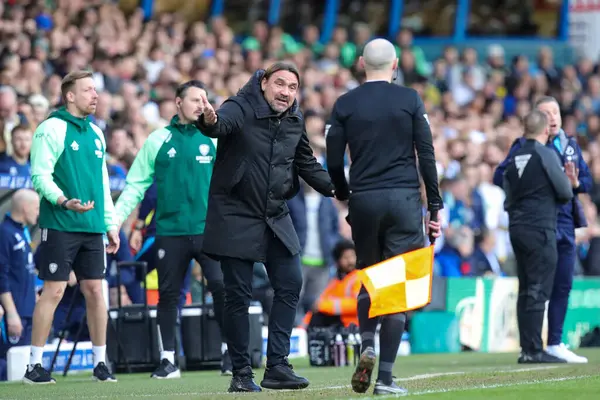 stock image Daniel Farke manager of Leeds United complains to the linesman during the Sky Bet Championship match Leeds United vs Millwall at Elland Road, Leeds, United Kingdom, 17th March 2024