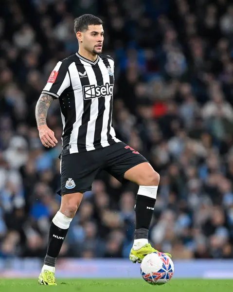 Stock image Bruno Guimares of Newcastle United in action, during the Emirates FA Cup Quarter- Final match Manchester City vs Newcastle United at Etihad Stadium, Manchester, United Kingdom, 16th March 2024