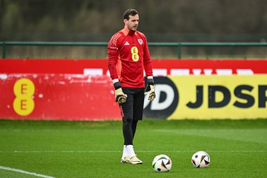 Galler 'den Danny Ward, 20 Mart 202' de Vale Resort Training kompleksi Hensol, İngiltere 'de Galler' de yapılacak açık antrenman öncesinde ısınma turunda.