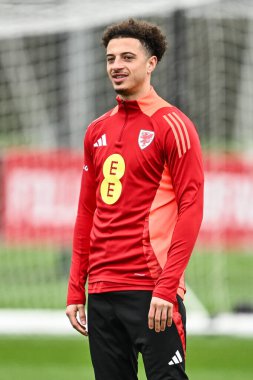 Galler 'den Ethan Ampadu, 20 Mart 2024' te Vale Resort Training kompleksi Hensol 'de Galler' in açık eğitim seansı öncesinde ısınma turları sırasında