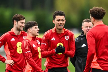 Galler 'den Brennan Johnson, 20 Mart 2024' te Vale Tatil Merkezi Hensol, İngiltere 'deki Galler' in açık antrenman seansı öncesinde güldü.