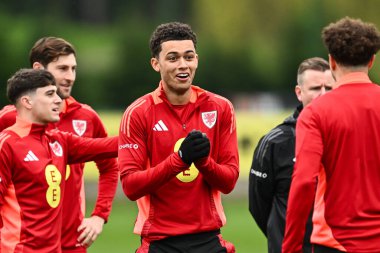 Galler 'den Brennan Johnson, 20 Mart 2024' te Vale Tatil Merkezi Hensol, İngiltere 'deki Galler' in açık antrenman seansı öncesinde güldü.