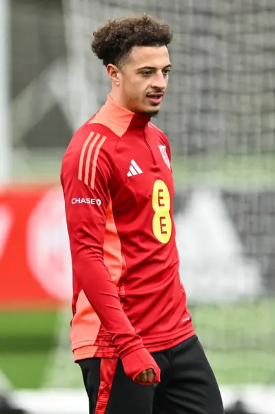 Stock image Ethan Ampadu  of Wales during warms up ahead of the Wales open training session at Vale Resort Training complex, Hensol, United Kingdom, 20th March 2024