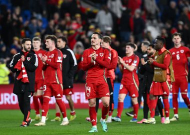 Galler 'den Connor Roberts, 21 Mart 202' de Cardiff City Stadyumu 'nda oynanan UEFA Euro Kalifiye Play-Off Yarı-Finlandiya maçında taraftarlarını tam zamanlı alkışlarken takıma katılıyor.