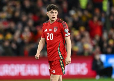 Galler 'den Daniel James, UEFA Euro Eleme elemeleri yarı final maçı sırasında Cardiff City Stadyumu' nda Galler 'e karşı Finlandiya, Cardiff, İngiltere, 21 Mart 202
