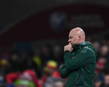 Maçı izleyen Galler 'in Rob Page Müdürü, 21 Mart 202' de Cardiff City Stadyumu 'nda oynanan UEFA Euro Kalifiye Play-off Yarı-Final maçında Finlandiya' ya karşı Galler maçını izlemektedir.