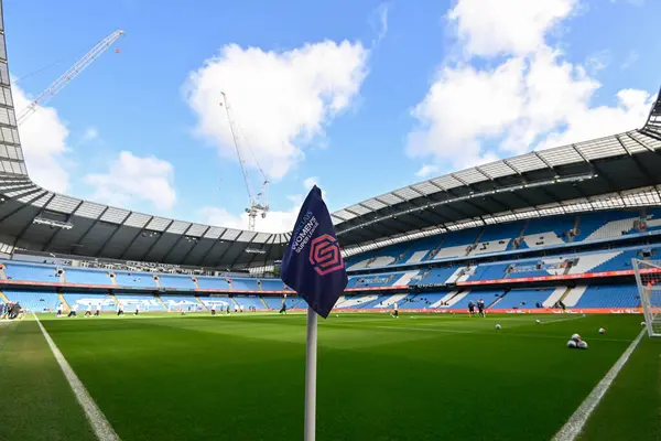 Etihad Stadyumu 'nun, 23 Mart 202 tarihinde Etihad, İngiltere' deki Etihad Stadyumu 'nda oynanan Manchester City Women-Manchester United Women maçı öncesinde genel bir görüntüsü.