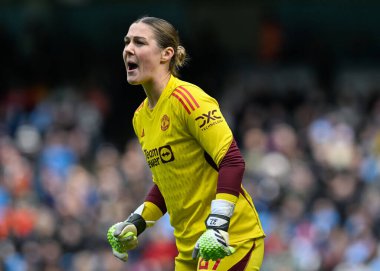 Manchester United Women 'dan Mary Earps, Manchester City United Women - Manchester United Women maçında 23 Mart 202' de Etihad Stadyumu 'nda karşılaştı.