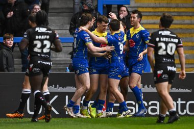Warrington Wolves 'tan Josh Thewlis, 23 Mart 202' de İngiltere 'nin Warrington kentinde oynanan Betfred Challenge Kupası altıncı tur karşılaşmasında Warrington Wolves' a karşı Londra Broncos maçını kutluyor.