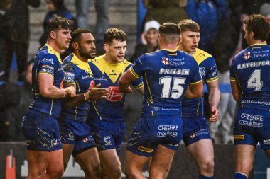 Warrington Wolves 'tan Rodrick Tai, 23 Mart 202' de İngiltere 'nin Warrington kentinde oynanan Betfred Challenge Kupası altıncı tur karşılaşmasında Warrington Wolves ve London Broncos karşılaşmasını kutluyor.