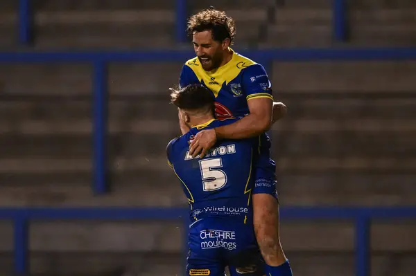 stock image Matty Ashton of Warrington Wolves celebrates his try during the Betfred Challenge Cup Sixth Round match Warrington Wolves vs London Broncos at Halliwell Jones Stadium, Warrington, United Kingdom, 23rd March 202