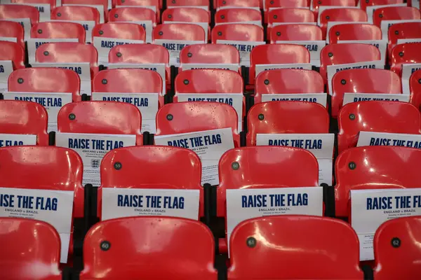 Raise Flag Signs Seats Wembley International Friendly Match England Brazil — Stock Photo, Image