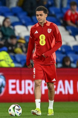 Galler 'den Brennan Johnson, UEFA Euro Kalifiers Eleme Grubu A maçında Cardiff City Stadyumu' nda Polonya 'ya karşı Galler maçında ısınma turunda, 26 Mart 202