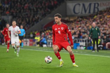 Galler 'den Brennan Johnson, 26 Mart 202' de Cardiff City Stadyumu 'nda oynanan Galler - Polonya maçında Galler - Galler Eleme Grubu A eleme grubunda maç yapıyor.