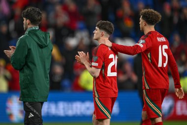 Galler 'den Ethan Ampadu, 26 Mart 202' de Cardiff City Stadyumu 'nda oynanan UEFA Euro Eleme Grubu A eleme maçında Galler' e karşı Polonya maçında Galler 'li Daniel James' i teselli ediyor.