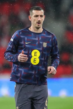 İngiltere 'den Lewis Dunk maç öncesi ısınma maçında İngiltere' nin Belçika 'ya karşı Wembley Stadyumu, Londra' da 26 Mart 202 'de oynanan Uluslararası Dostluk karşılaşmasında