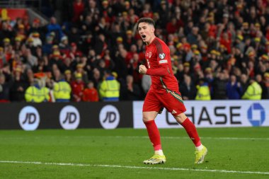 Galler 'den Harry Wilson, 26 Mart 202' de Cardiff City Stadyumu 'nda oynanan Galler - Polonya maçı sırasında aldığı cezayı kutluyor.