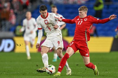 Polonya 'dan Robert Lewandowski ve Galler' den Jordan James, 26 Mart 202 'de Cardiff City Stadyumu' nda oynanan Galler - Galler maçı sırasında top için mücadele ettiler.