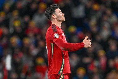 Galler 'den Kieffer Moore, 26 Mart 202' de Cardiff City Stadyumu 'nda oynanan UEFA Avrupa Kalifiye Grubu A Grubu Galler-Polonya maçında ilk yarının sonunda mola verdi.