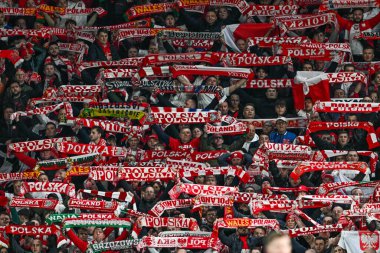 Polonyalı taraftarlar, 26 Mart 202 'de İngiltere' nin Cardiff kentindeki Cardiff City Stadyumu 'nda oynanan A Grubu Galler-Polonya maçında bayraklarını havaya kaldırdılar.