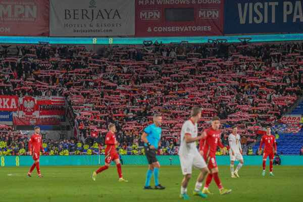 Польские болельщики держат свои флаги в воздухе во время матча отборочной группы А Евро УЕФА Уэльс - Польша на стадионе Кардифф Сити, Кардифф, Великобритания, 26 марта 202 года