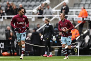 Konstantinos Mavropanos of West Ham United and James Ward-Prowse of West Ham United in the pregame warmup session during the Premier League match Newcastle United vs West Ham United at St. James's Park, Newcastle, United Kingdom, 30th March 202 clipart