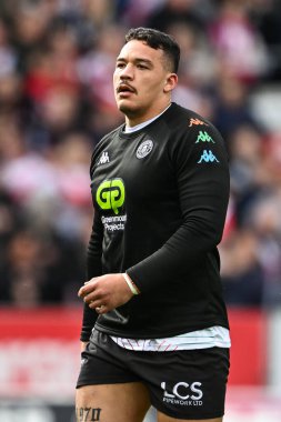 Wigan Warriors 'dan Tyler Dupree maç öncesi ısınma turunda Betfred Süper Lig 6. raundunda St Helens Wigan Warriors' a karşı Wicked Stadyumu, St Helens, Birleşik Krallık, 29 Mart 202