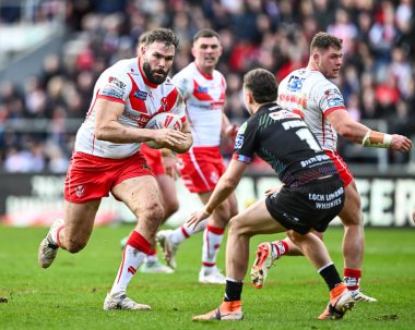 St. Helens 'den Alex Walmsley, Betfred Süper Lig 6. Raundunda St Helens' e karşı Wigan Warriors maçı sırasında St Helens Stadyumu, St Helens, Birleşik Krallık, 29 Mart 202