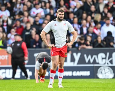 St. Helens 'den Alex Walmsley maç öncesi ısınma maçında Betfred Süper Lig 6. raundunda St Helens Wigan Warriors' a karşı bütünüyle Wicked Stadyumu, St Helens, Birleşik Krallık, 29 Mart 202
