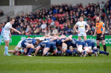 Satış Köpekbalıkları 'ndan Gus Warr 31 Mart 202' de Salford Community Stadyumu 'nda Gallagher Premiership maçında Sale Sharks Exeter Chiefs' e karşı oynuyor.