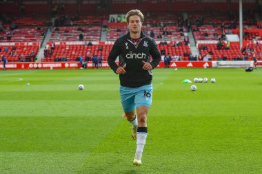 Kristal Saray 'dan Joachim Andersen Premier Lig maçı sırasında Nottingham Forest' a karşı Crystal Palace City Zound, Nottingham, İngiltere 'de 30 Mart 202' de oynanan ısınma maçında