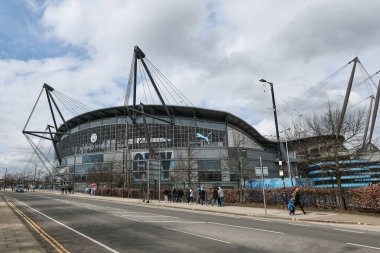 Etihad Stadyumu 'nun genel görüntüsü, Manchester Premier League karşılaşması öncesinde Manchester City, Etihad Stadyumu' nda Arsenal 'e karşı 31 Mart 202