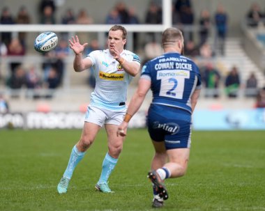 Exeter Chiefs 'ten Stu Townsend, 31 Mart 202' de Salford Community Stadyumu 'nda Gallagher Premiership maçında Sale Sharks - Exeter Chiefs maçında pas aldı.