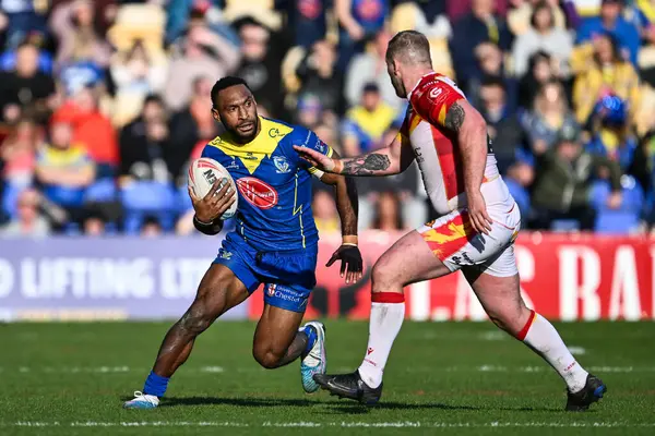 Warrington Wolves 'tan Rodrick Tai, 30 Mart 202' de İngiltere 'nin Warrington kentinde oynanan Betfred Süper Lig karşılaşmasında Warrington Wolves, Catalans Dragons' a karşı oynuyor.