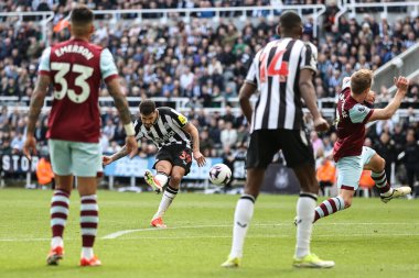 Newcastle United takımından Bruno Guimares 30 Mart 2024 'te St. James' s Park, Newcastle, İngiltere 'de oynanan Premier League maçı sırasında şutunu atıyor.