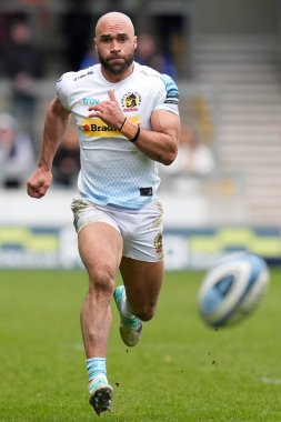 Exeter Chiefs 'ten Olly Woodburn 31 Mart 202' de Salford Community Stadyumu 'nda Gallagher Premiership maçında Sale Sharks Exeter Chiefs' e karşı oynuyor.