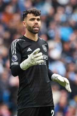 Arsenal 'den David Raya Premier Lig maçı sırasında Manchester City ile Arsenal arasında Etihad Stadyumu' nda 31 Mart 202