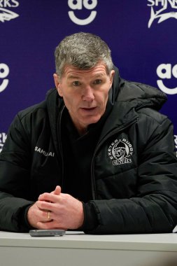 Exeter Chiefs Rugby Direktörü Rob Baxter 31 Mart 202 'de Salford Community Stadyumu' nda Gallagher Premiership maçından sonra basın mensuplarına konuştu.