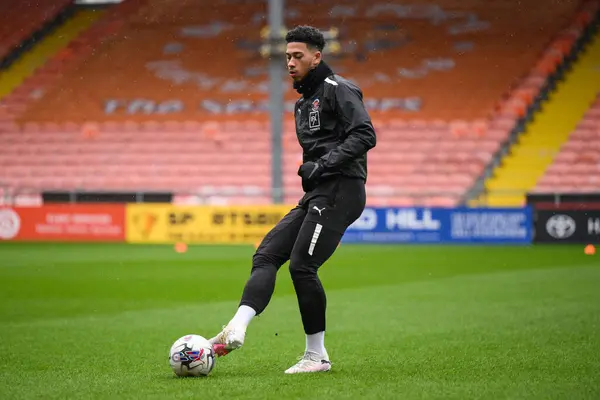 stock image Jordan Lawrence-Gabriel of Blackpool during the pre-game warmup ahead of the Sky Bet League 1 match Blackpool vs Wycombe Wanderers at Bloomfield Road, Blackpool, United Kingdom, 1st April 202