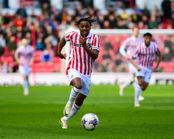 stock image Niall Ennis of Stoke City sprints through on goal during the Sky Bet Championship match Stoke City vs Huddersfield Town at Bet365 Stadium, Stoke-on-Trent, United Kingdom, 1st April 202