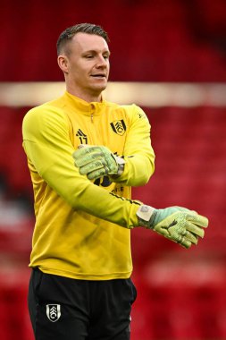 Maç öncesi ısınma sırasında Fulham 'dan Bernd Leno Premier Lig maçı öncesinde Nottingham Forest Fulham' a karşı City Ground, Nottingham, İngiltere, 2 Nisan 202