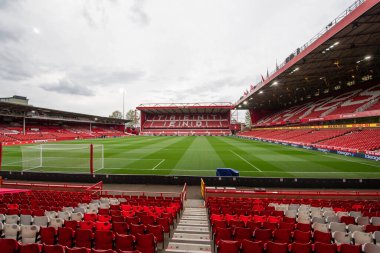 İngiltere 'nin Nottingham şehrinde 2 Nisan 202' de oynanan Premier League maçı öncesinde Nottingham Forest, Fulham 'a karşı oynadığı City Ground maçının genel görüntüsü.
