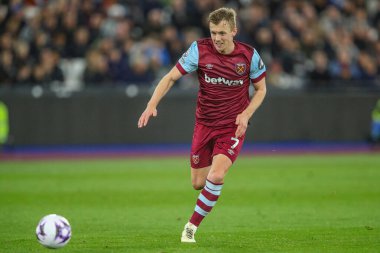 James Ward-Prowse of West Ham United chases the ball during the Premier League match West Ham United vs Tottenham Hotspur at London Stadium, London, United Kingdom, 2nd April 202 clipart