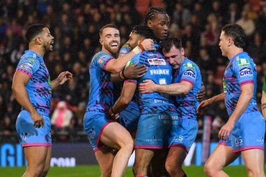 Wigan Warriors 'dan Harry Smith, 4 Nisan 202' de Leigh Spor Köyü 'nde oynanan 7. Betfred Süper Lig karşılaşmasında Leigh Leopards ile Wigan Warriors karşılaşmasını kutluyor.