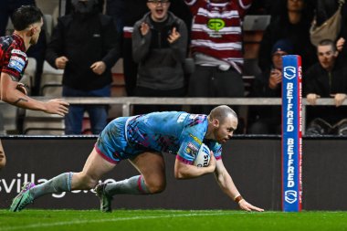 Wigan Warriors 'dan Liam Marshall, Leigh Spor Köyü, Leigh, İngiltere' de oynanan 7. Betfred Süper Lig karşılaşmasında Leigh Leopards 'a karşı Wigan Warriors maçına gidiyor.